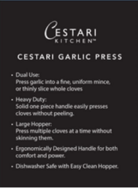 Garlic Press | Heavy Duty Stainless Steel Professional Grade No Peel Large Capacity Garlic Presser with Garlic Slicing Attachment by Cestari Kitchen